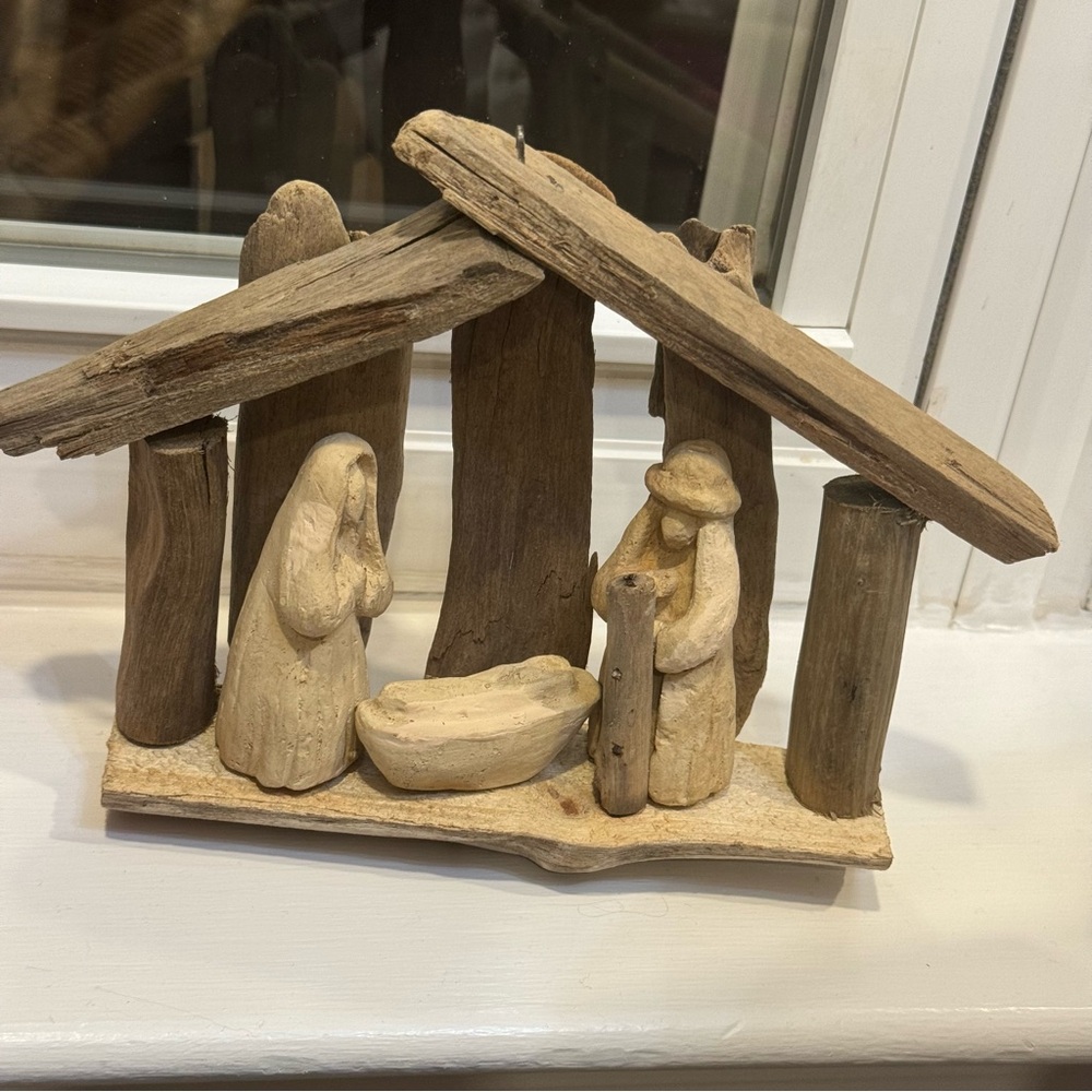 Vintage Rustic Nativity Ornament Hand Carved Natural Wood.